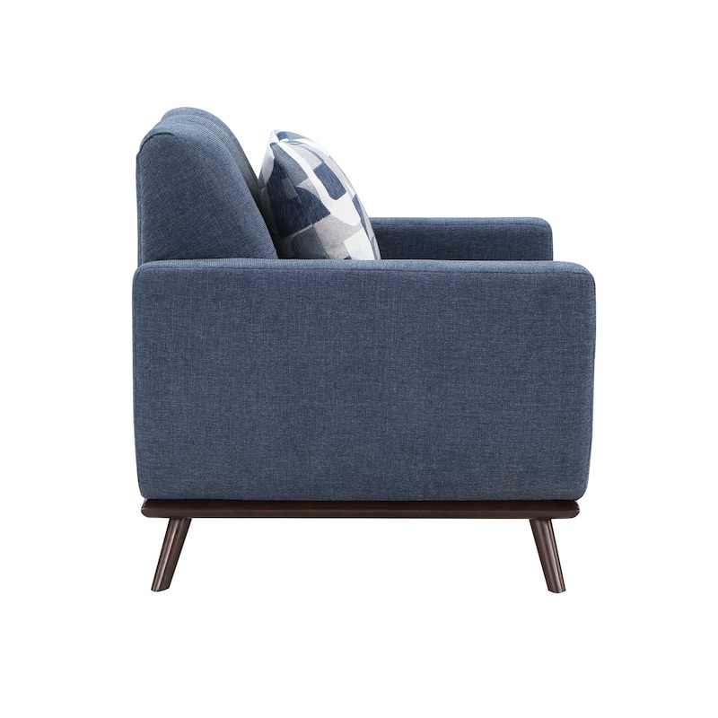 Keto 42 Inch Accent Chair, Blue Chenille 1 Throw Pillow, Brown Solid Wood