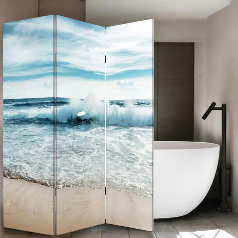HomeRoots 72" Blue and White Canvas Folding Three Panel Screen Room Divider - 48' X '72' X '1 - 48' X '72' X '1
