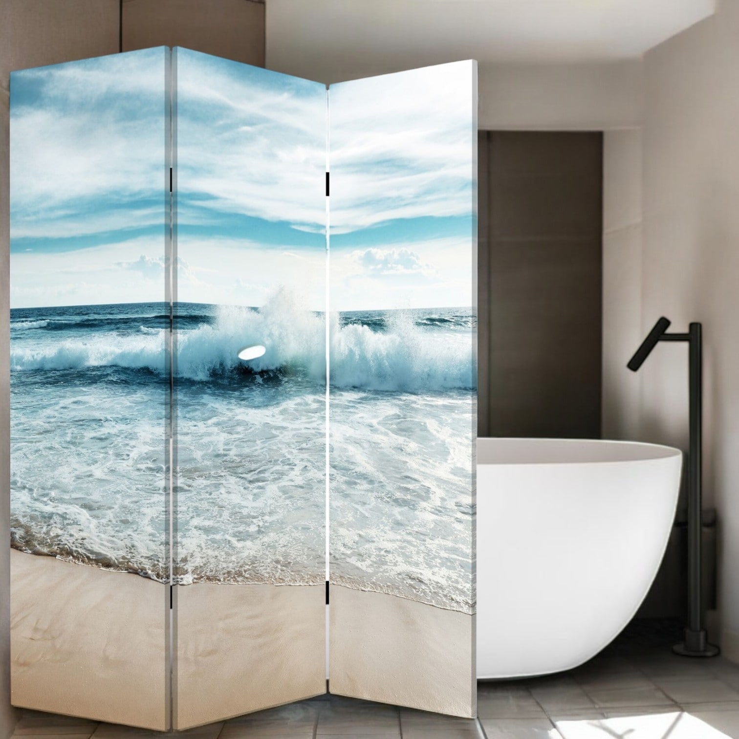 HomeRoots 72" Blue and White Canvas Folding Three Panel Screen Room Divider - 48' X '72' X '1
