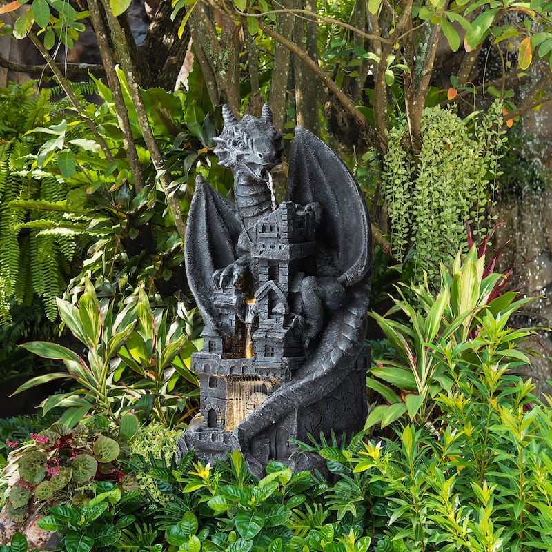 Glitzhome 36.5"H LED Mystical Gothic Dragon 4-Tier Polyresin Outdoor Floor Fountain - 36.5"