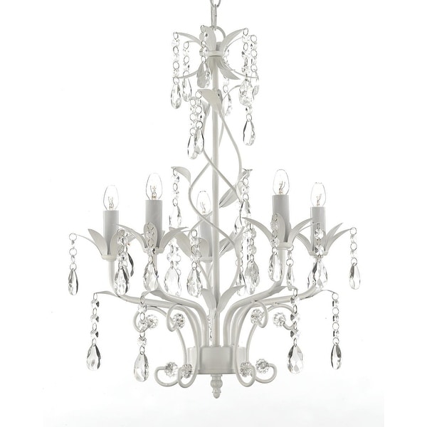Wrought Iron and Crystal 5 Light White Chandelier - Can be Hardwired or Plugged in !