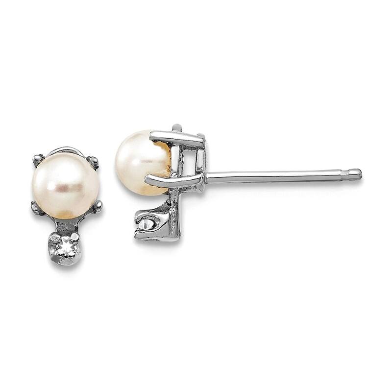 Curata 14k Yellow or White Gold Small Genuine Gemstone and Diamond Stud Earrings - 7x3mm - Pearl - White