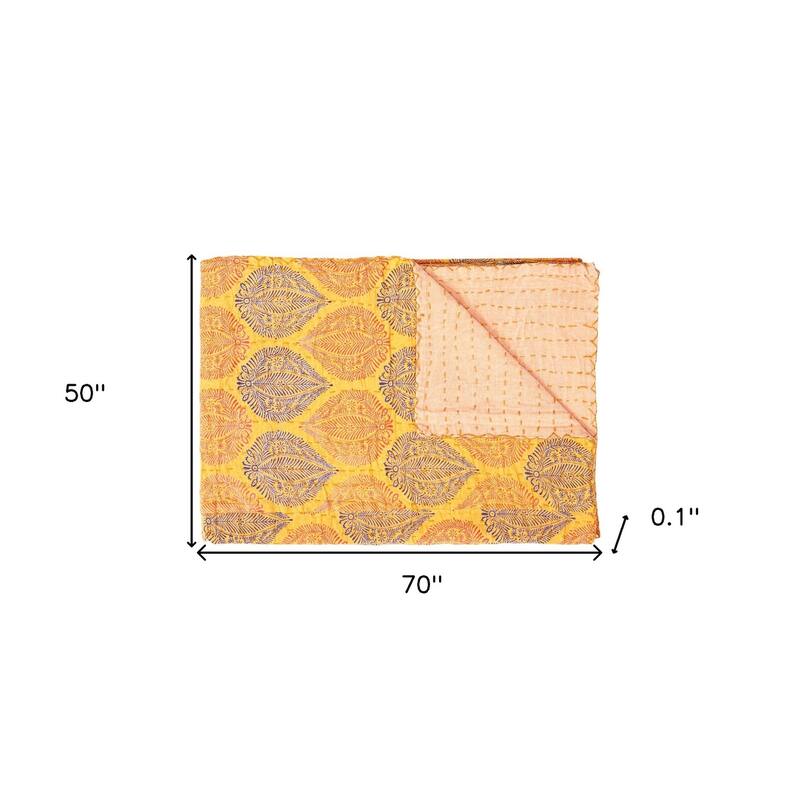 HomeRoots 50" X 70" Yellow and Peach Kantha Cotton Patchwork Throw Blanket with Embroidery