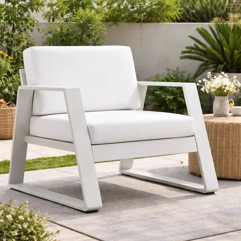 Xia 32 Inch Armchair, White Aluminum Frame, Fade Resistant Fabric Cushions