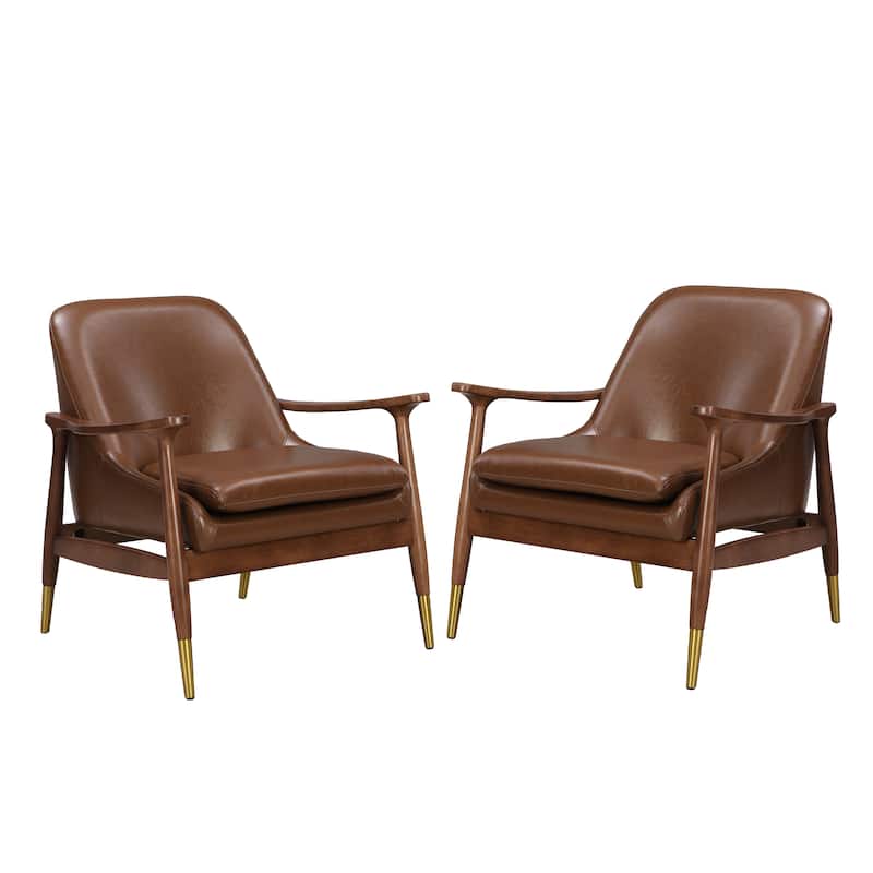 Faux Leather Mid-Century Accent Chairs (Set of 2) with Cushioned Seats, Solid Wood Frames, and Brass-Tipped Legs