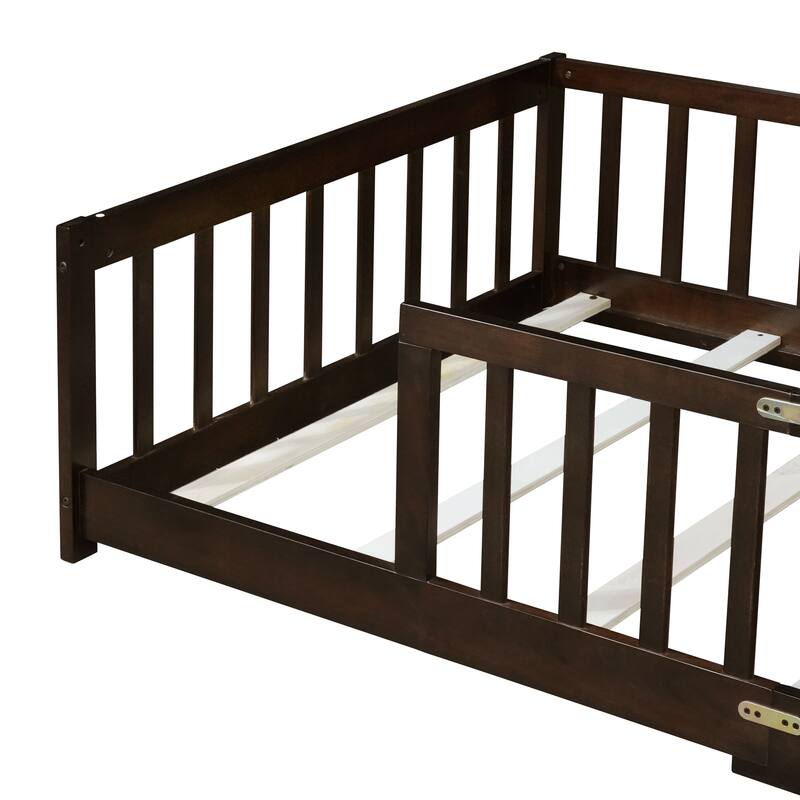 Rubber Wood Twin Size Floor Bed with Fence without Door