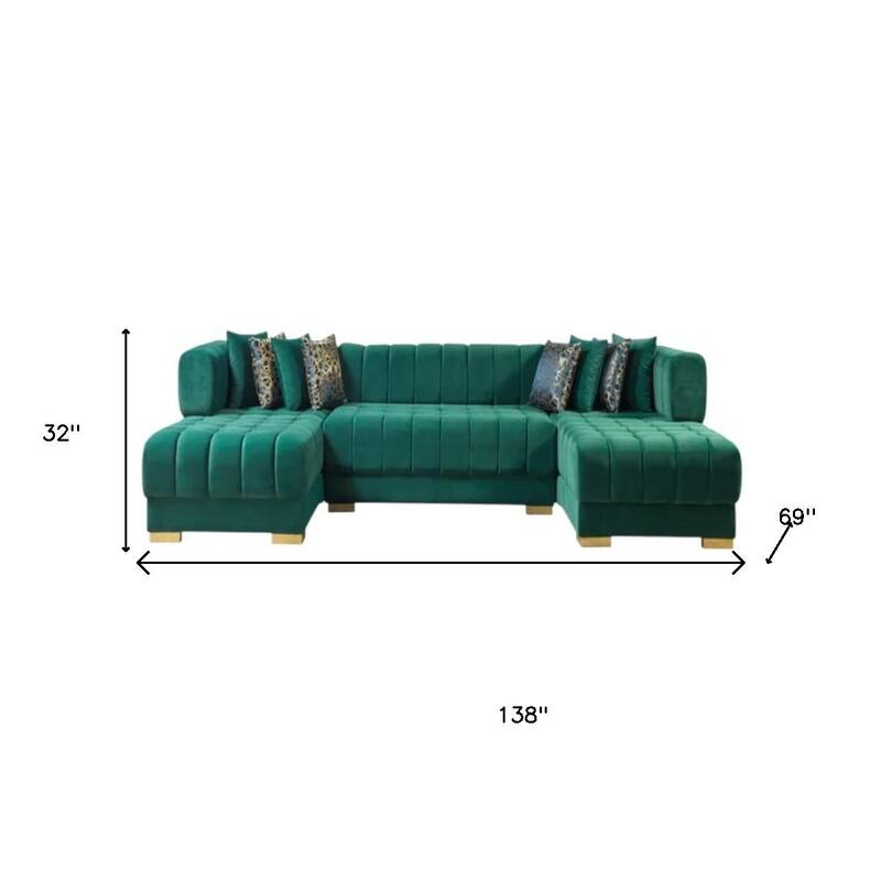 HomeRoots Green Velvet U Shaped Three Piece Sofa and Chaise Sectional With Toss Pillows