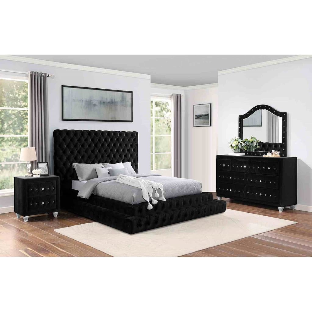 Glam Black Finish Step Up Fully Upholstered 4 PC Bedroom Set Button Tufting