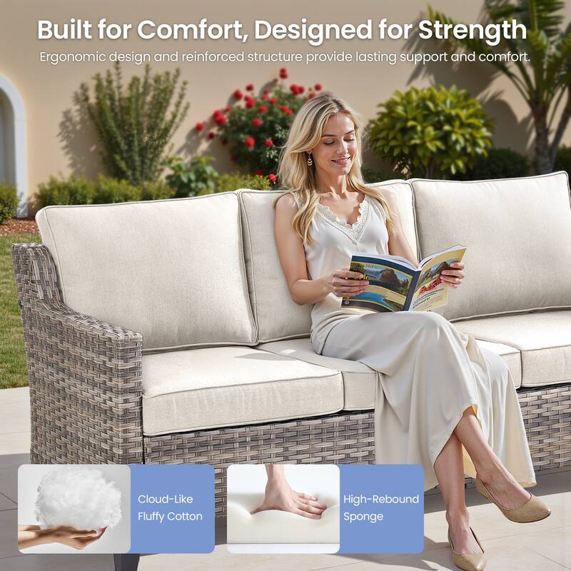 Pocassy 6 Pieces Outdoor Sofa Siwvel Chair Ottoman w/ Fire Table