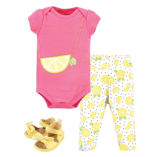 slide 1 of 1, Little Treasure Baby Girl Cotton Bodysuit, Pant and Shoe 3pc Set, Lemon Purse 0-3 Months - Lemon Purse