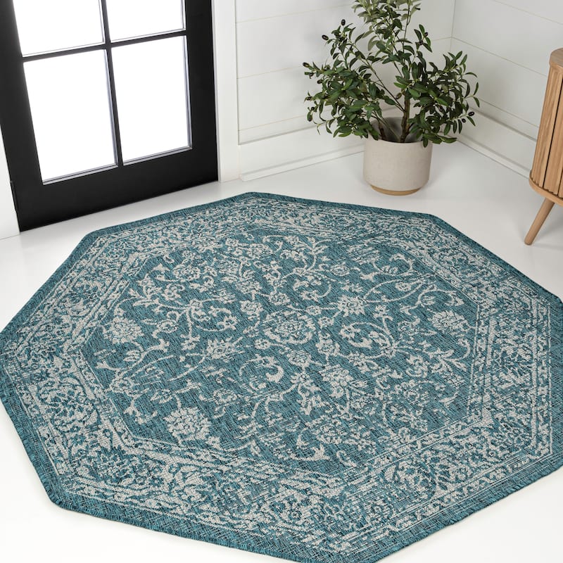 JONATHAN Y Sinjuri Bohemian Textured Weave Floral Indoor/Outdoor Area Rug - 5' Octagon - Teal/Gray