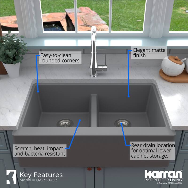 Karran Farmhouse Apron Front Quartz Double Bowl Kitchen Sink Kit