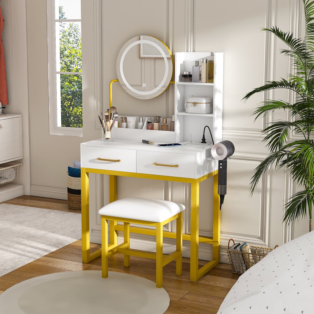 Makeup Vanity Desk with Round Mirror and Lights,Power Outlet, Vanity Makeup Table with 2 big Drawers,Metal Leg and Metal Chair