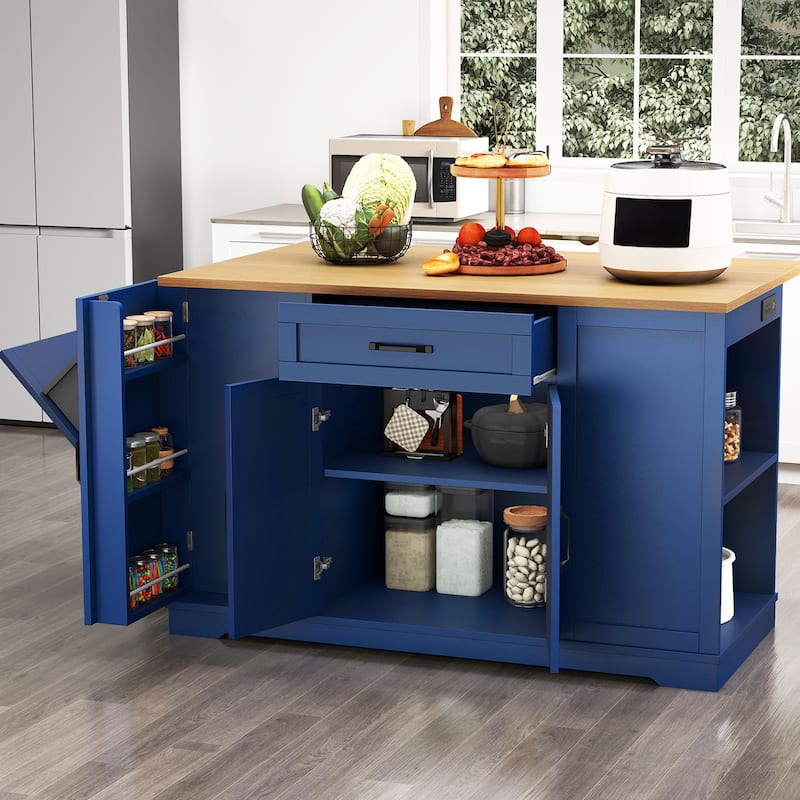 Moasis Rolling Kitchen Island with Trash Can Storage and Power Outlet &Spice Rack - Blue