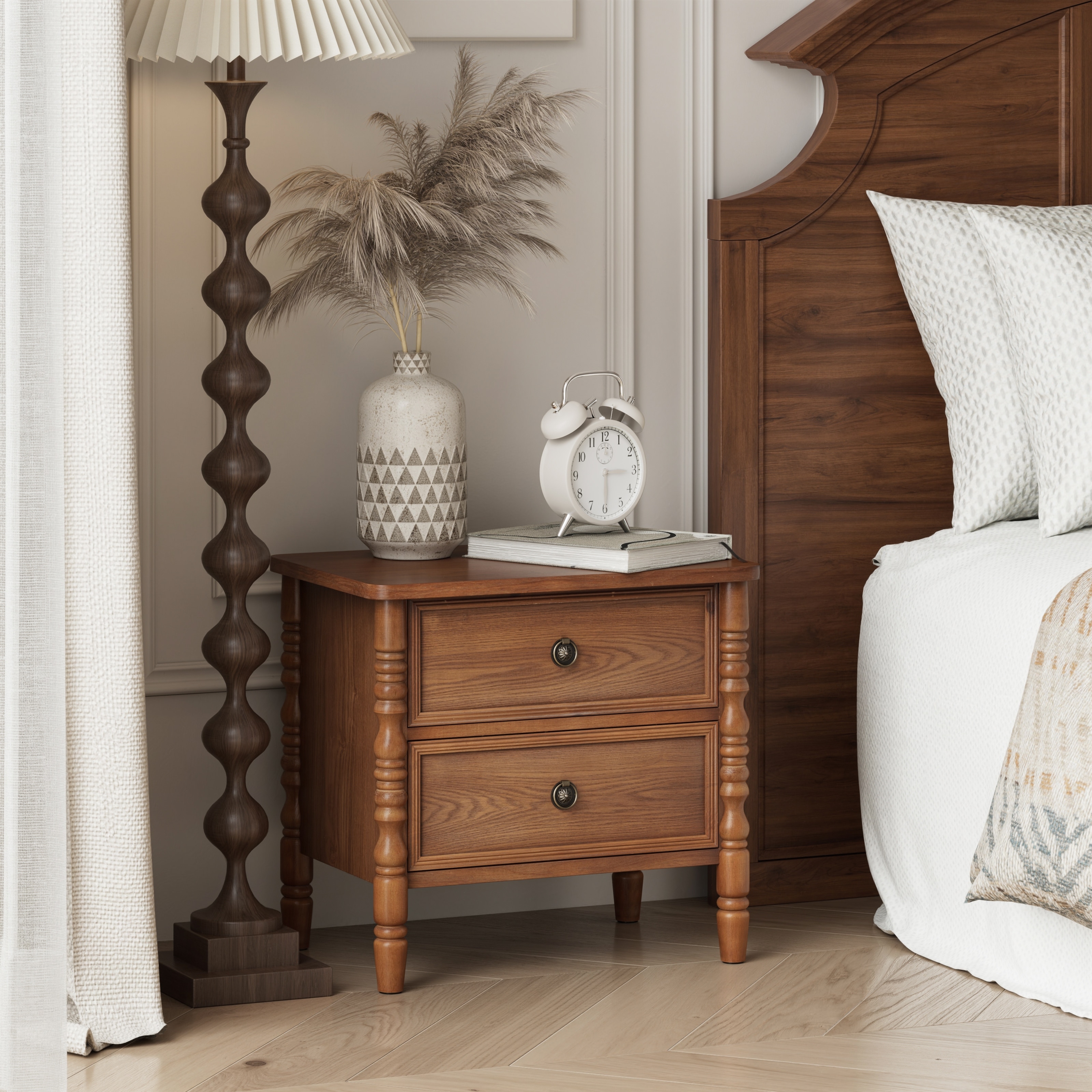 COZAYH Farmhouse 2-Drawer Bedside Chest, French Country Brown Nightstand with Turned-Column Design, Nearly Fully Assembled