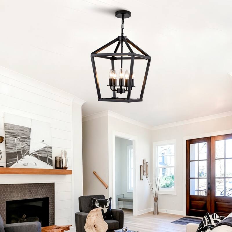 Farmhouse Lantern Chandelier 5-Light with Rustic Open Cage and Adjustable Hanging Height
