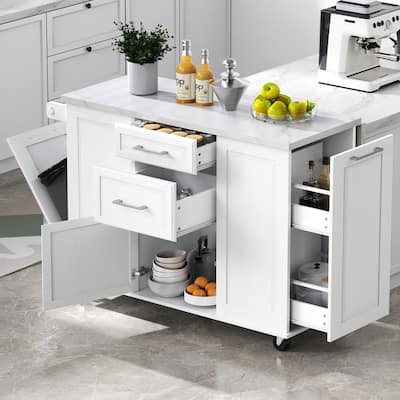 Rolling Kitchen Island with Tilt Trash Can Cabinet and Pull Out Cabinet Organizer, Drop Leaf, 2 Drawers