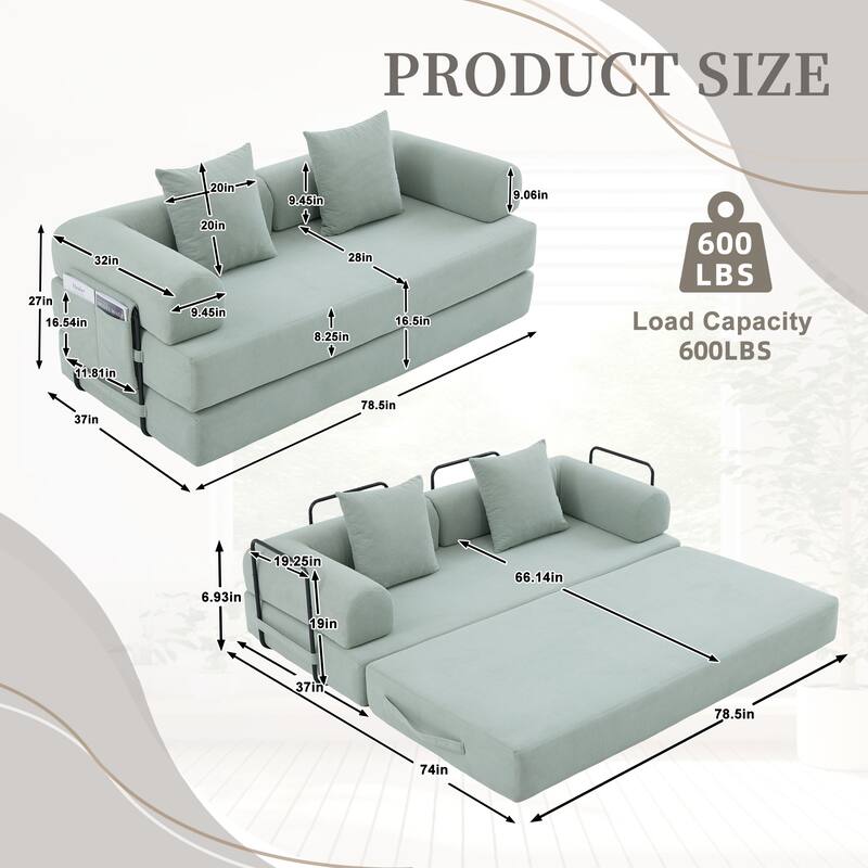 Foldable Modular Couch Sleeper Loveseat Sofa Bed with Storage Side Pocket, Detachable Metal Frame and Corduroy Fabric Cover