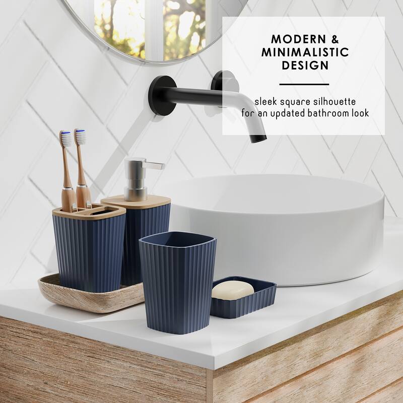 Empyrean Bamboo Bathroom Accessories Set with Shower Curtain Set, Toilet Brush, Trash Can & Soap Dispenser