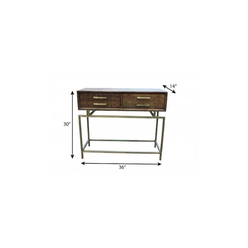 HomeRoots 36" Brown and Brass Solid Wood Distressed Frame Console Table With Storage - 36.00 in. x 30.00 in. x 14.00 in.