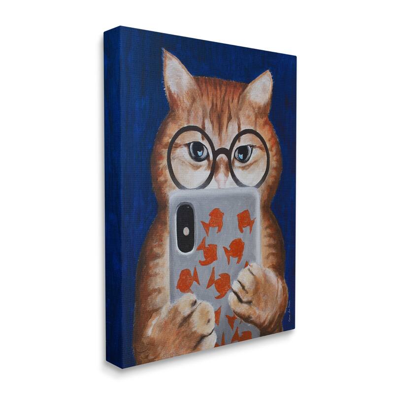 Stupell Funny Cat Using Phone Texting Wearing Glasses Illustration Canvas Wall Art