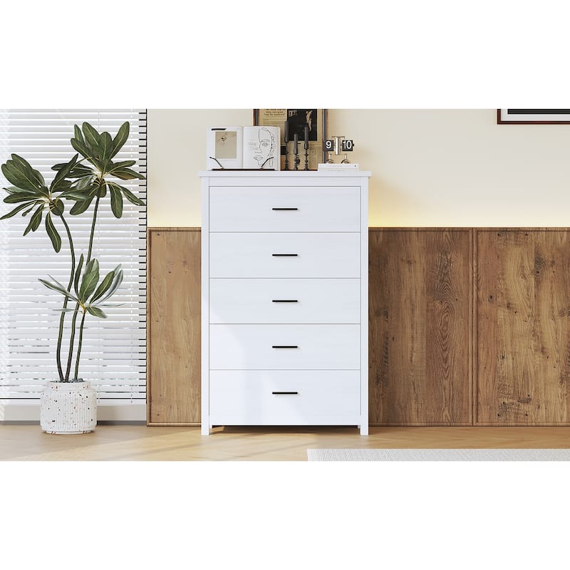 5 Drawer Tall Wooden Dresser, Large Capacity Clothing Storage Cabinet, Decorative Cabinet with Metal Handles and Wooden Legs