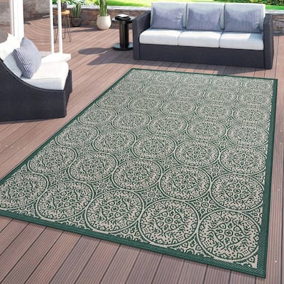 World Rug Gallery Transitional Floral Circles Textured Flat Weave Indoor/Outdoor Area Rug