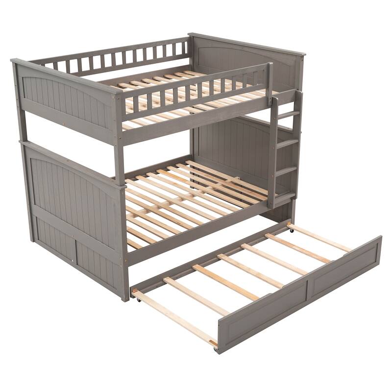 Full Over Full Bunk Bed with Twin Size Trundle, Pine Wood Bunk Bed with Guardrails, Brushed Gray