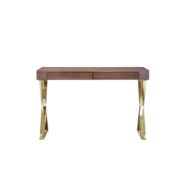 Ada Office Desk, 2 Drawers, Walnut Brown, Gold X Steel Legs, 47 Inch