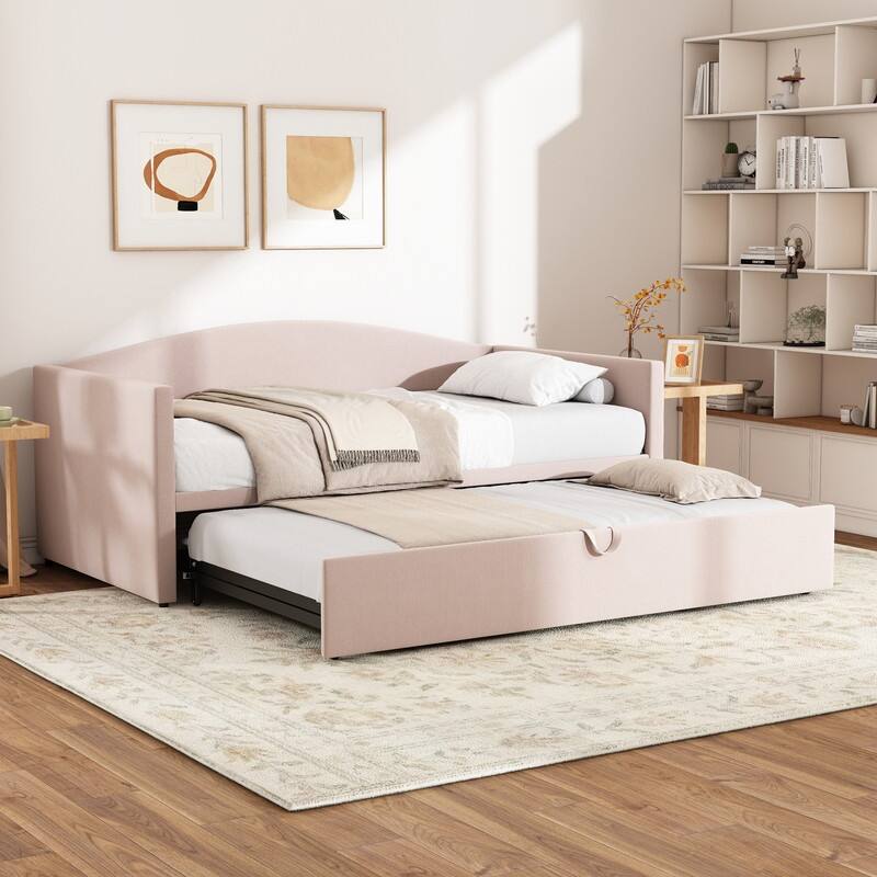 Twin Size Velvet Upholstered Daybed with Extended Pop Up Trundle Bed Convertible King Sofa Bed Frame, Space-Saving Twin to King