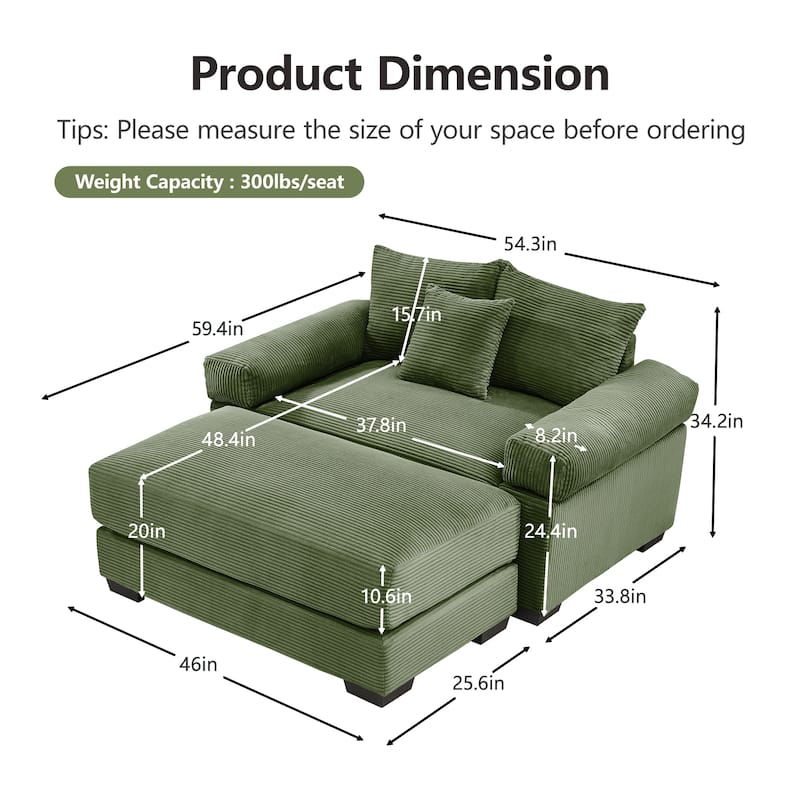 Oversized Chaise Lounge Corduroy Chair Indoor Single Sofa with Ottoman for Living Room Bedroom