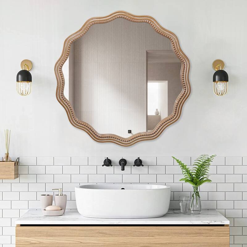 Large Decorative Wood Framed Hanging Circle Mirror - Antique Natural
