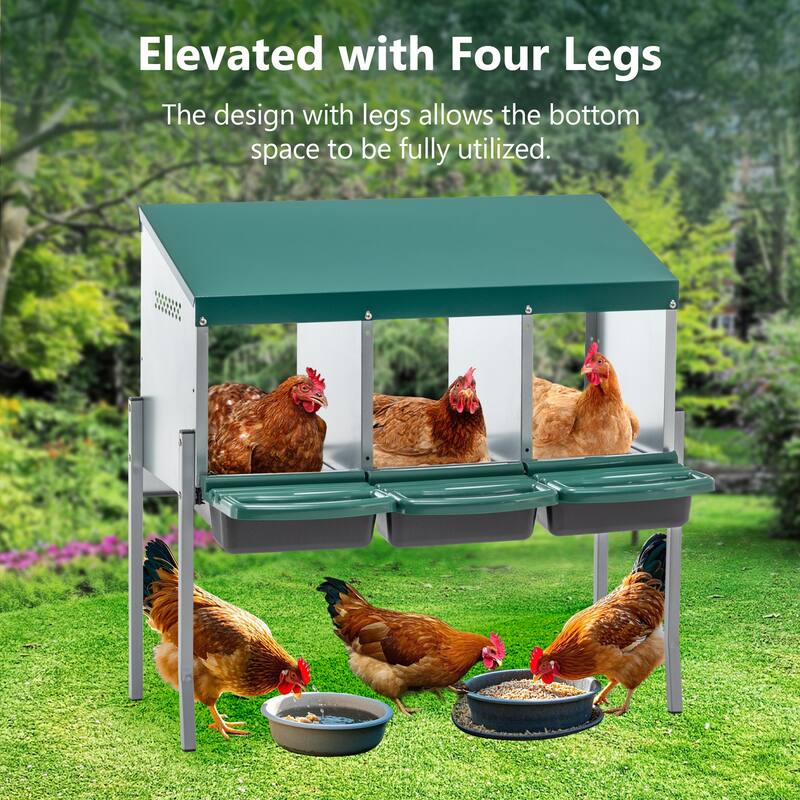 3-Hole Chicken Nesting Box with Legs - Outdoor Coop Laying Box with Lid Cover, Green