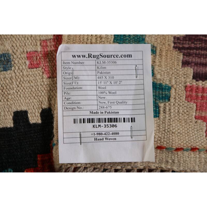 Geometric Kilim Large Rug Flatweave Multi-Color Wool Carpet - 10'2"x 15'11"