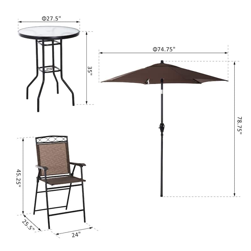 Outsunny 4 Piece Folding Outdoor Patio Pub Dining Table And Chairs Set With 6' Adjustable Tilt Umbrella