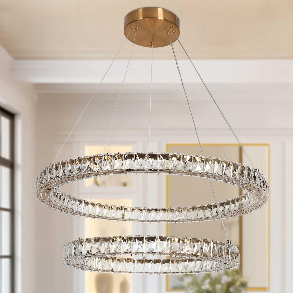 Modern LED Crystal Ring Chandelier 2-Tier Gold Wheel Light for Dining Living Room
