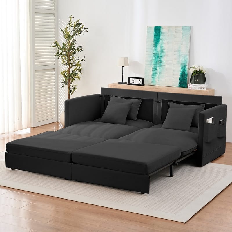 Mixoy 77.95'' lce Velvet 3-in-1 Convertible Loveseat Sleeper Sofa Bed with Side Pockets,Pull Out into Chaise Lounge/Sleeper Bed