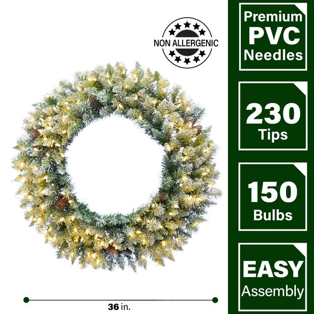 Fraser Hill Farm 36" Frosted Pine Wreath Door Hanging with Pinecones with Warm White LED Lightning
