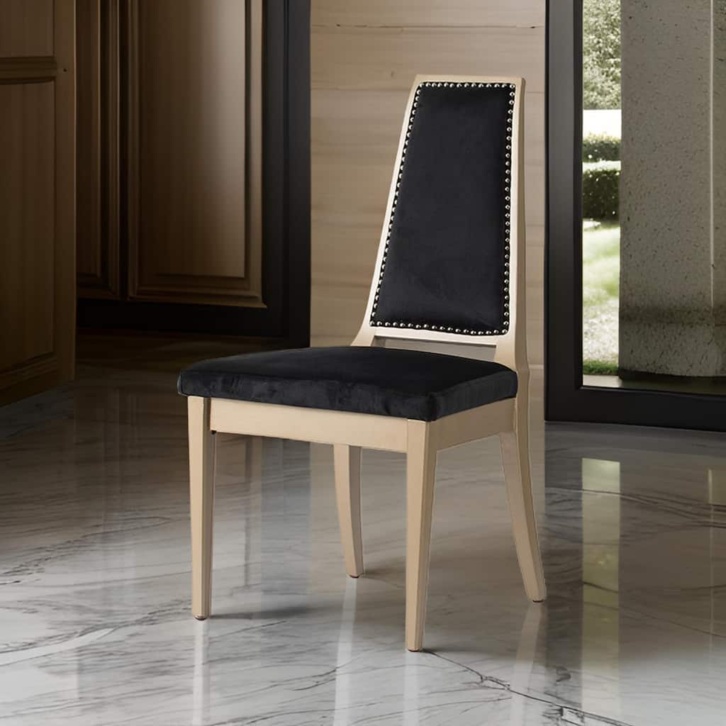 23 Inch Side Dining Chair, Black Soft Velvet Upholstery, Beige Rubberwood