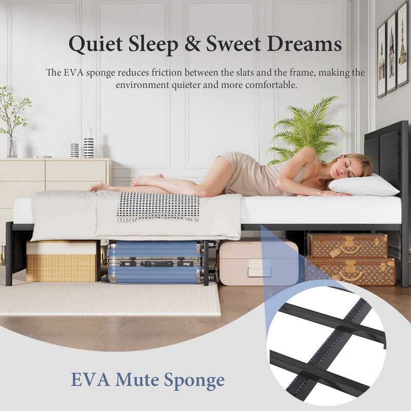 VECELO Platform Bed Frame with Wooden Headboard Heavy Duty Steel Slats Support No Box Spring Needed