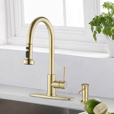 Stainless Steel Pull Down Kitchen Faucet with Soap Dispenser Brushed Gold / Matte Black