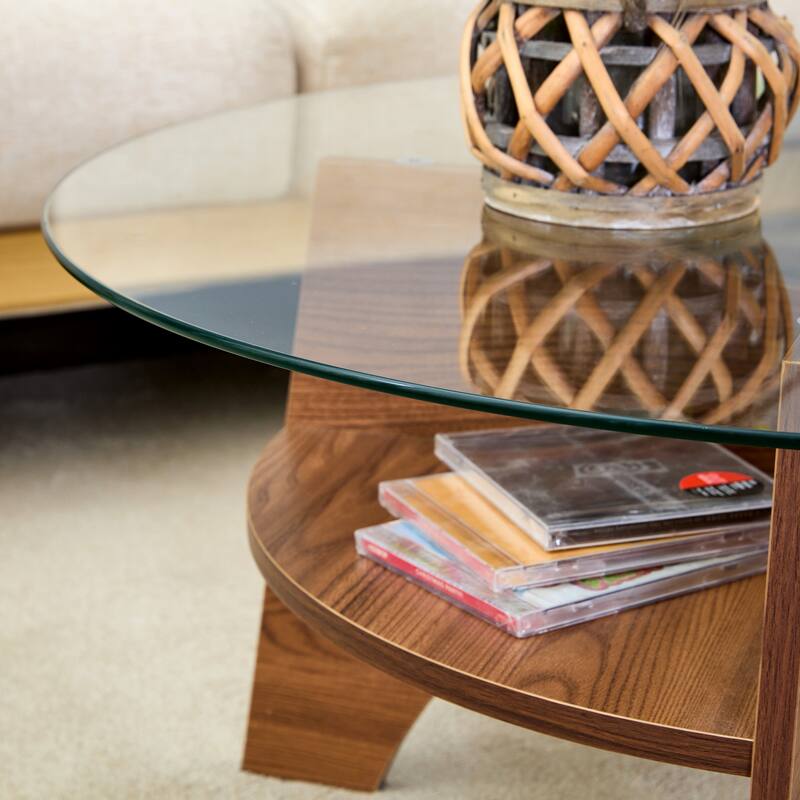 GDFStudio Marcellus Tempered Glass Coffee Table with Wood Legs and Fan-Shaped Pedestal Design