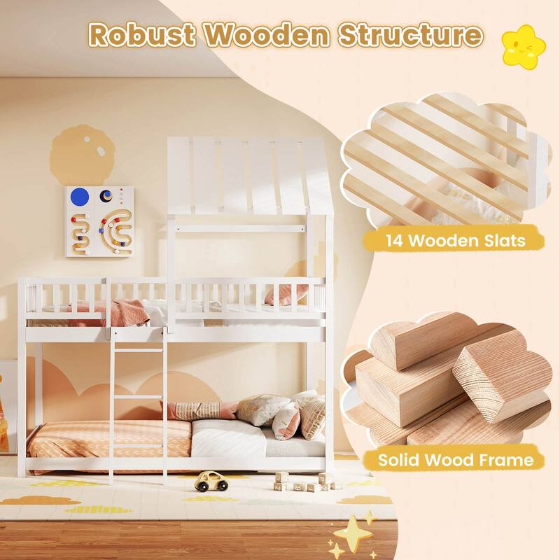 Costway Twin Over Twin House Bunk Bed with Roof, Ladder & Full-length