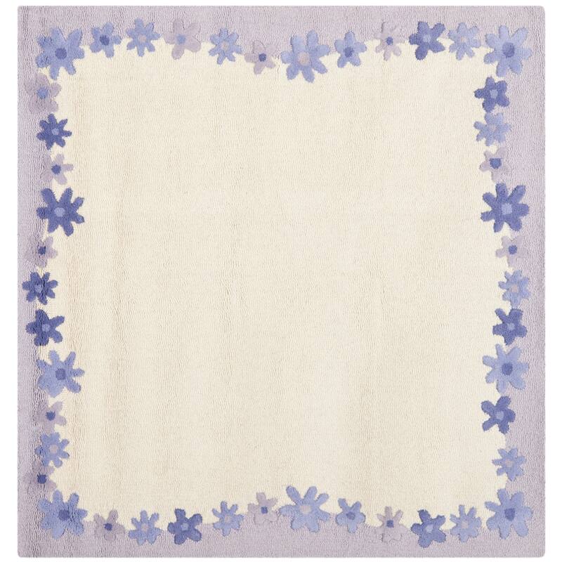 SAFAVIEH Handmade Children's Daisy Borders Ivory New Zealand Wool Rug - 5' Square - Ivory/Lavander - Square