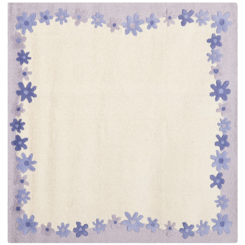 SAFAVIEH Handmade Children's Daisy Kianna Borders Ivory New Zealand Wool - 5' x 5' Square - Ivory/Lavender - Square/Runner