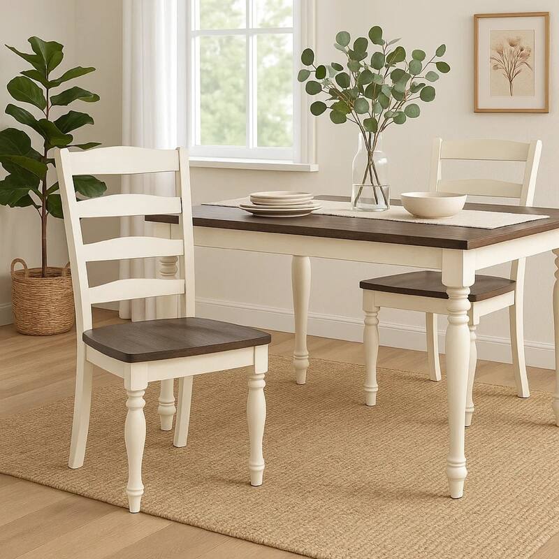 Dean Dining Chair Set of 2, Ladder Back, Dark Brown, White Solid Wood