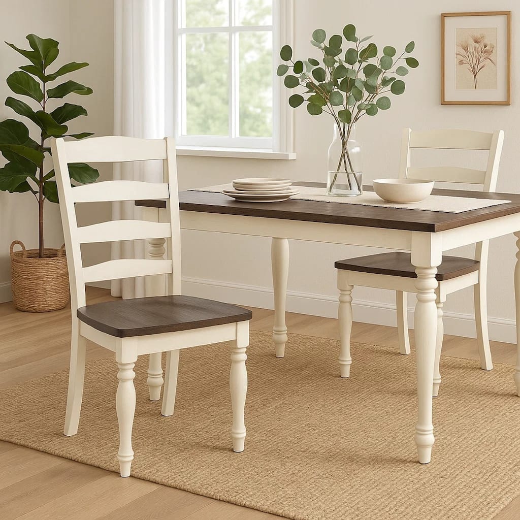 Dean Dining Chair Set of 2, Ladder Back, Dark Brown, White Solid Wood