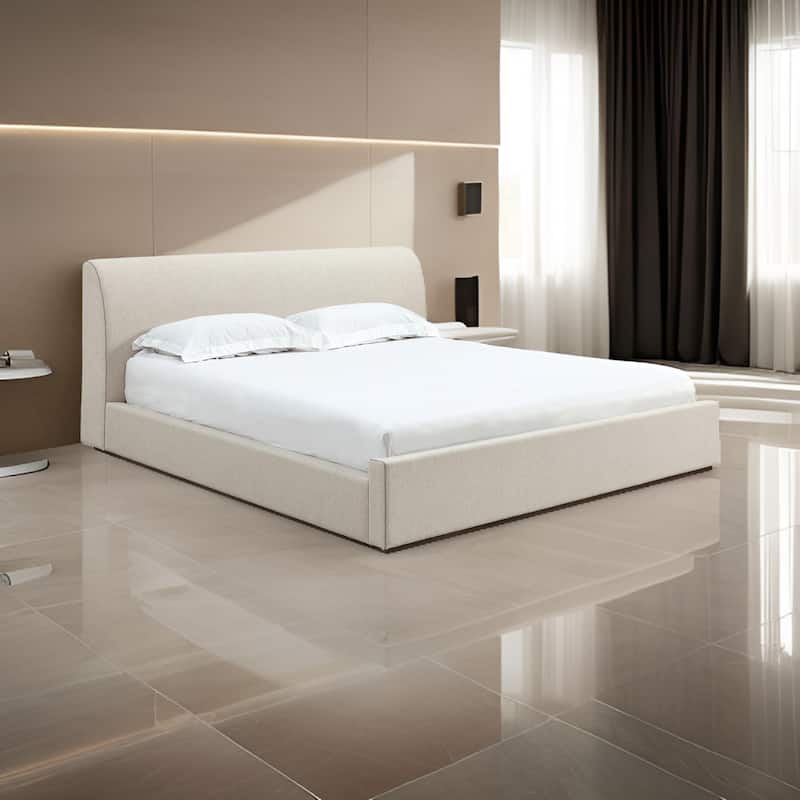 Reza Full Size Platform Bed, Sleigh Headboard, Low Profile, Beige Linen