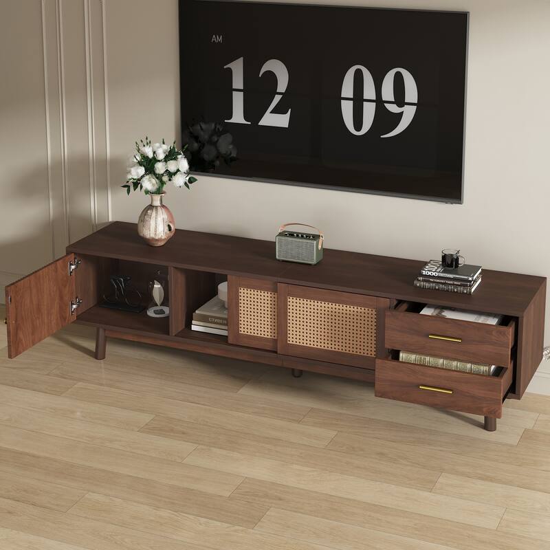 Mid Century Modern TV Stand, for TVs up to 80" with Sliding Doors, Drawers & Storage, for Living Room & Bedroom