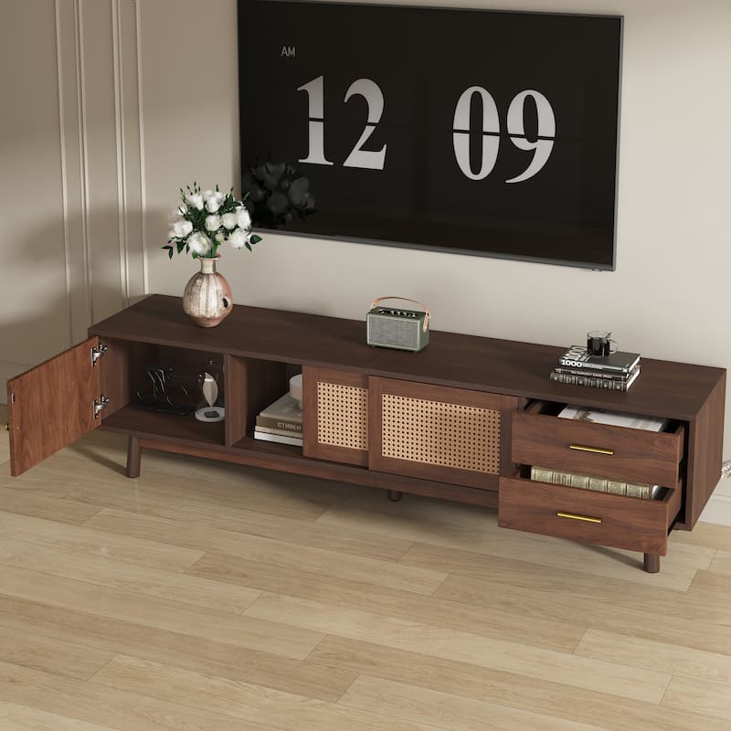 Mid Century Modern TV Stand Entertainment Center for up to 80" TVs, Rattan Sliding Doors TV Cabinet with Drawers for Living Room